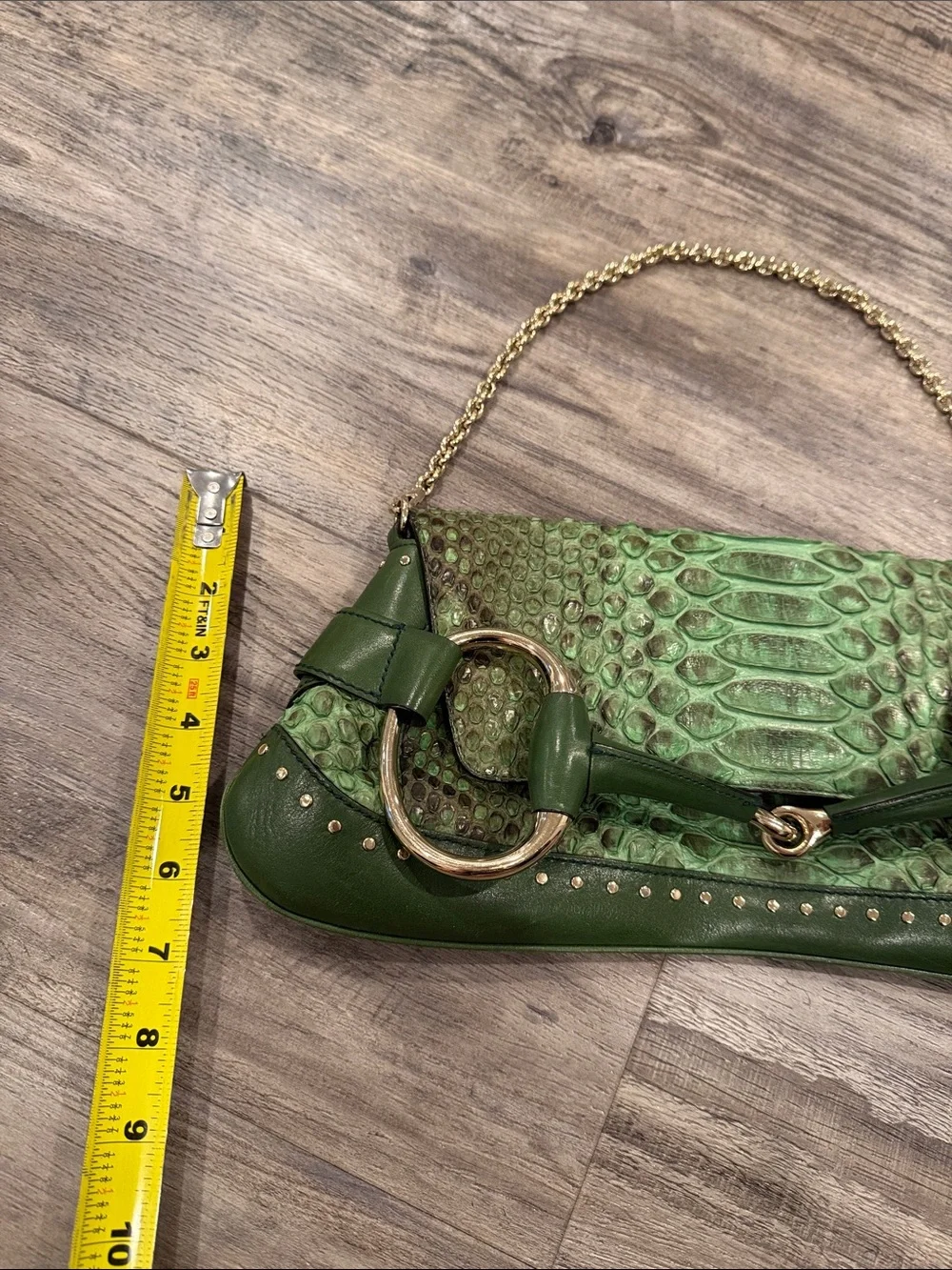 Tom Ford for Gucci 2004 Green Python Horsebit Chain Clutch Shoulder Bag Rare